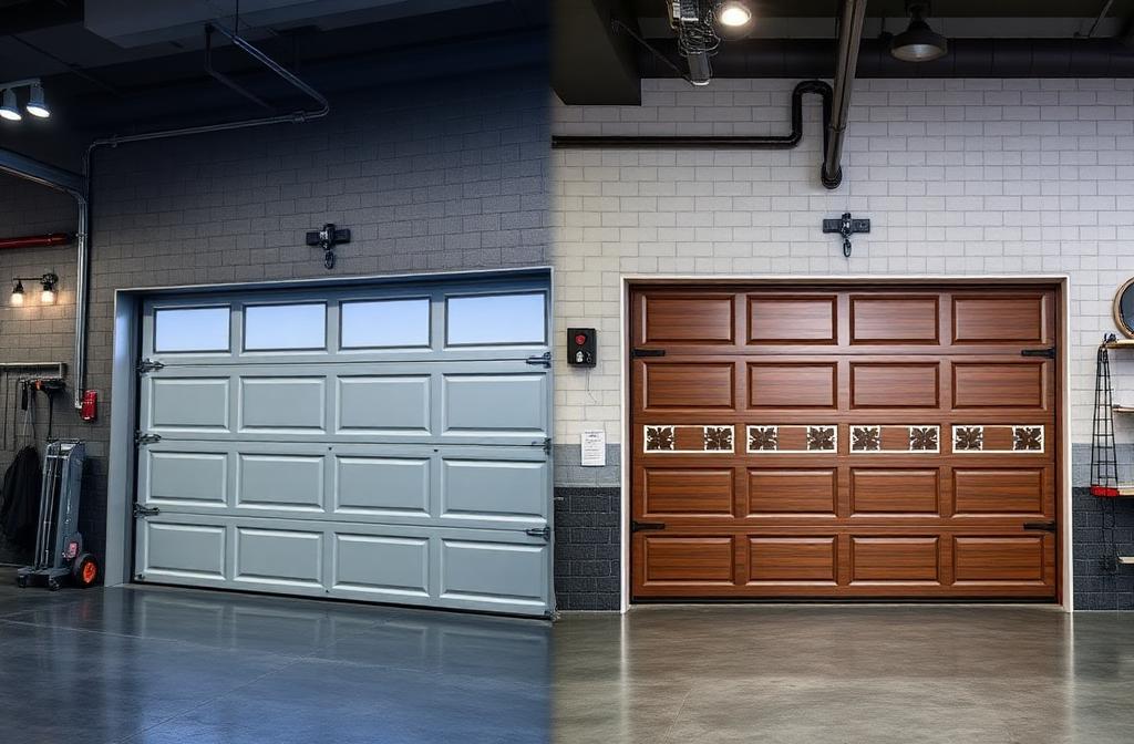 Row of different garage door styles and brands on residential homes
